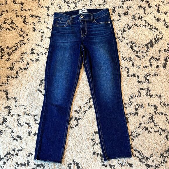Paige Skyline Skinny Crop Blue Jeans WMNS 26 Dark Wash Distressed Hem Stretch - Picture 1 of 9
